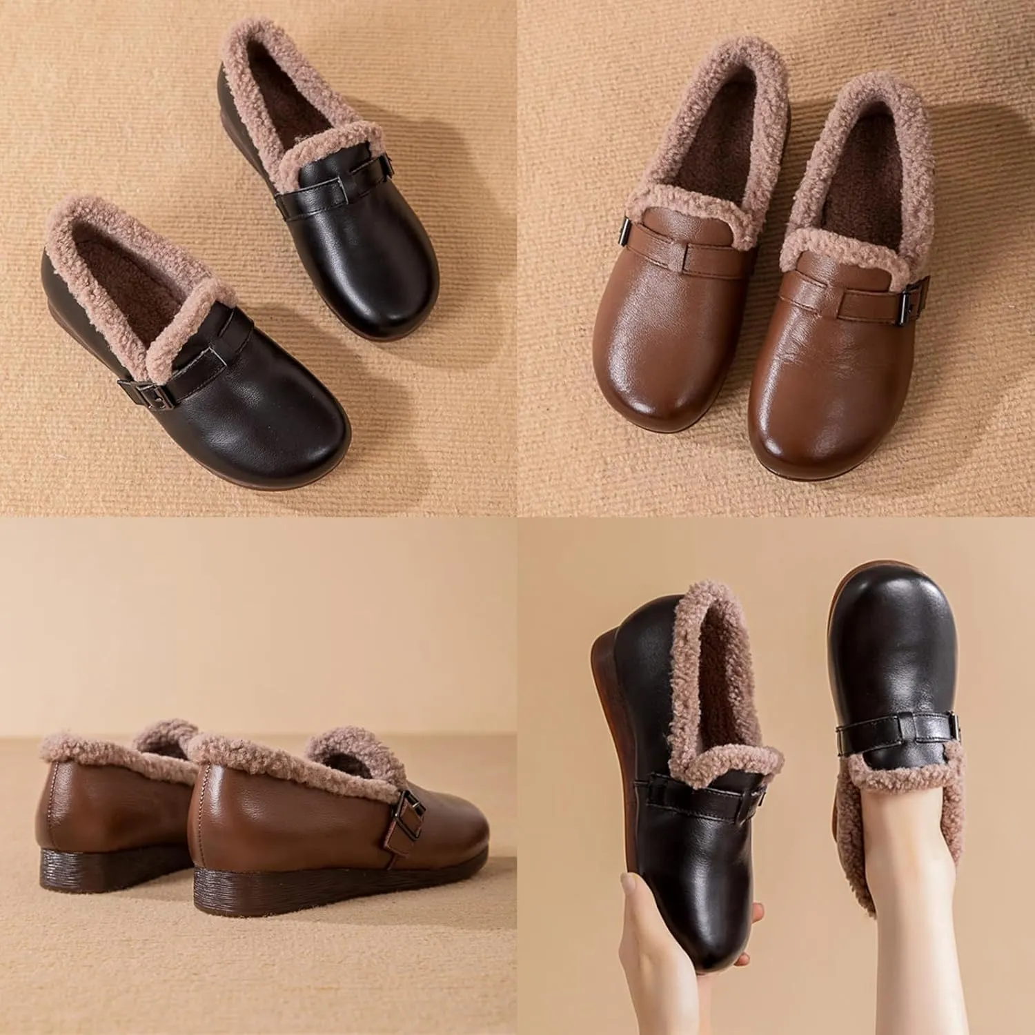 Women's Winter Moccasins Shoes,Lightweight Cozy Fuzzy Lined Non-Slip Softsole Metal Buckle Leather Casual Flat Slippers