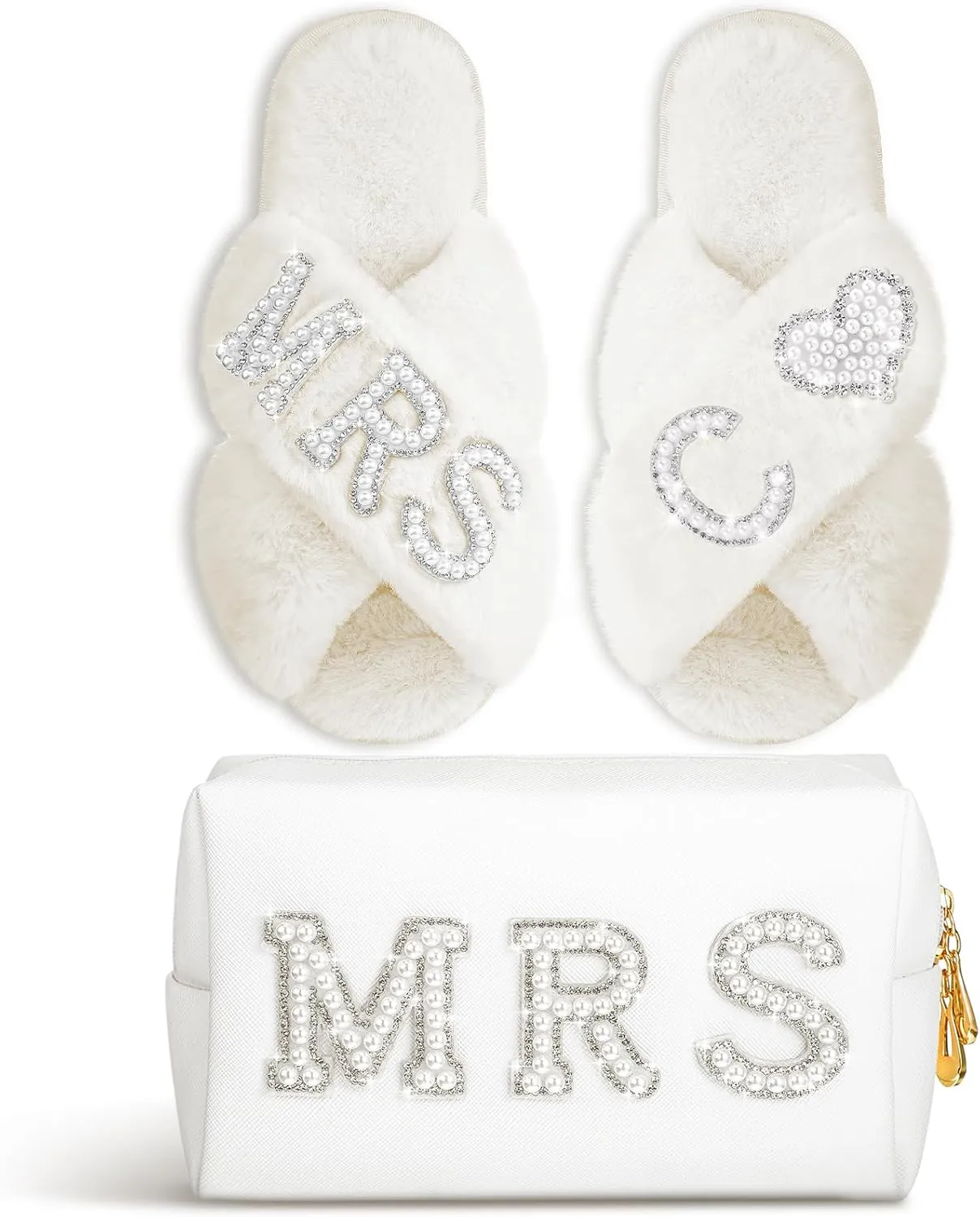 Xtinmee Personalized Initial Wedding Bride Slippers MRS Pearl Letter Makeup Bag Bridal Shower Gifts for Wedding Day (C)