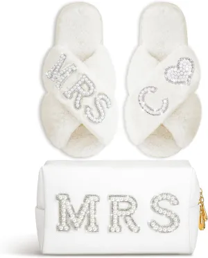 Xtinmee Personalized Initial Wedding Bride Slippers MRS Pearl Letter Makeup Bag Bridal Shower Gifts for Wedding Day (C)