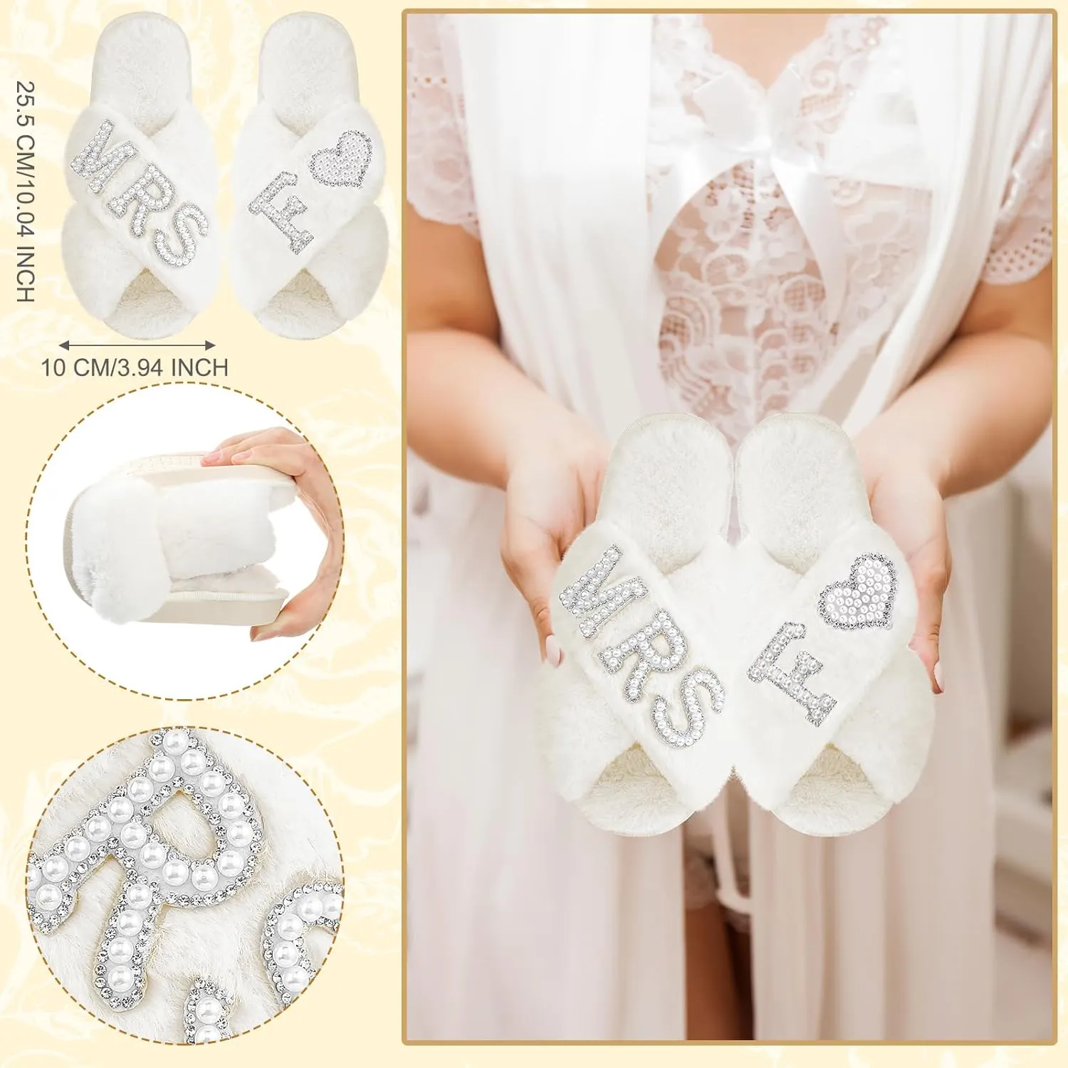 Xtinmee Personalized Initial Wedding Bride Slippers MRS Pearl Letter Makeup Bag Bridal Shower Gifts for Wedding Day (F)