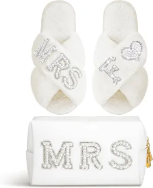 Xtinmee Personalized Initial Wedding Bride Slippers MRS Pearl Letter Makeup Bag Bridal Shower Gifts for Wedding Day (F)