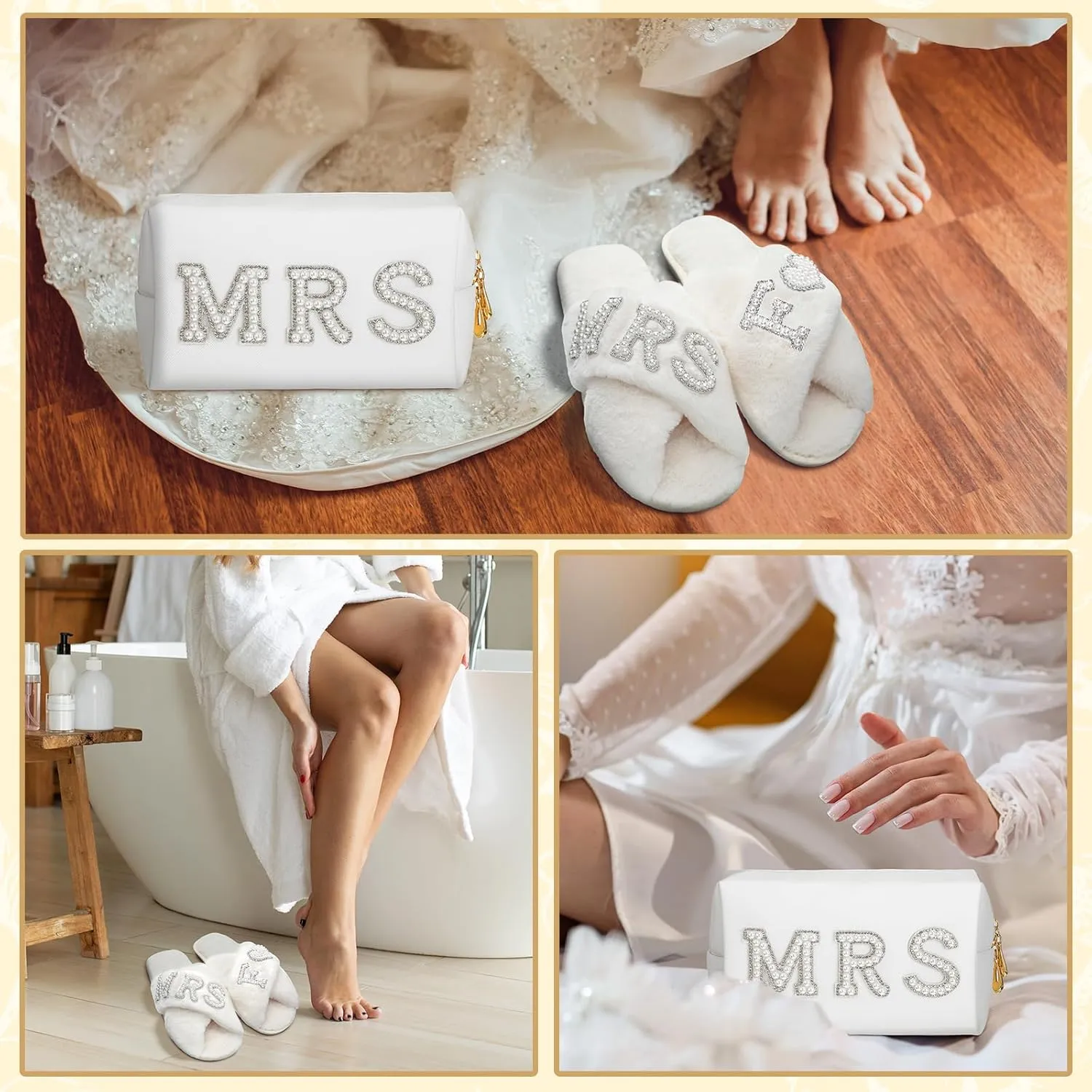 Xtinmee Personalized Initial Wedding Bride Slippers MRS Pearl Letter Makeup Bag Bridal Shower Gifts for Wedding Day (F)