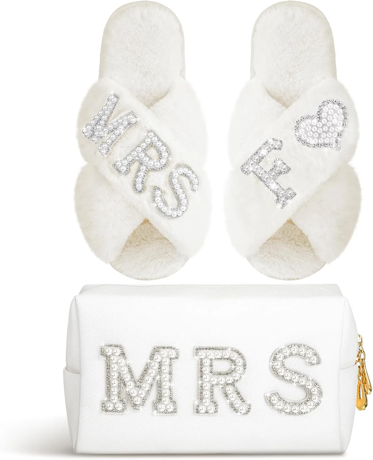 Xtinmee Personalized Initial Wedding Bride Slippers MRS Pearl Letter Makeup Bag Bridal Shower Gifts for Wedding Day (F)