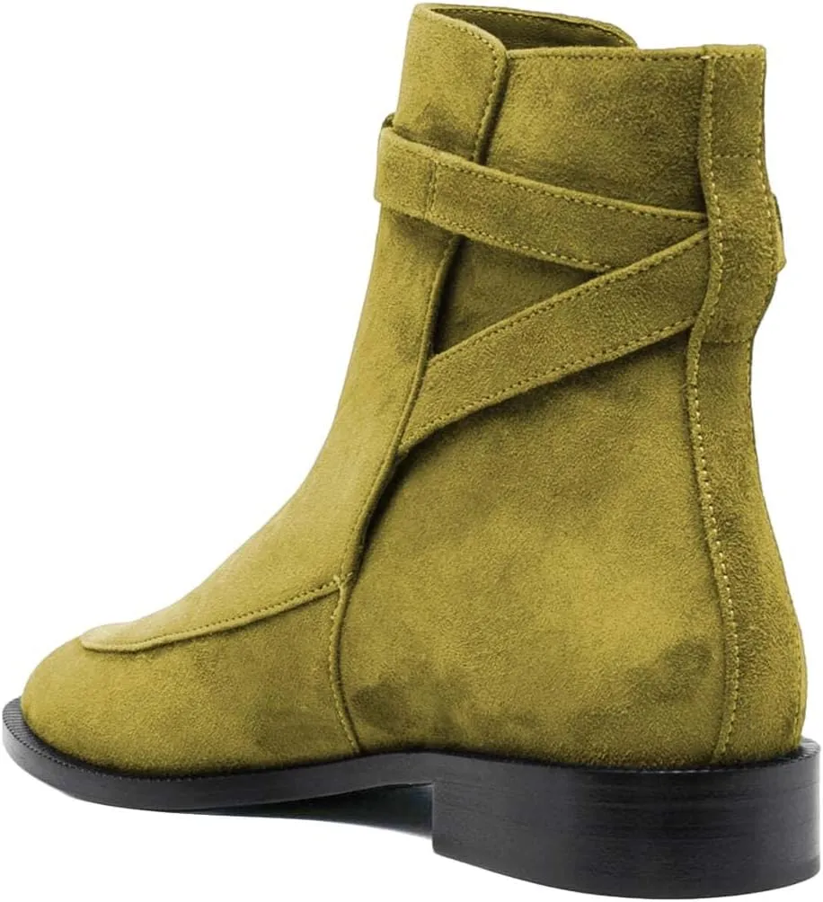 XYD Women Classic Pull On Suede Closed Round Toe Decorative Buckle Ankle Boots Low Heel Flats Winter Short Bootie Comfortable Travel Casual Shoes