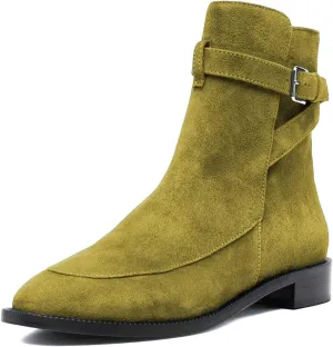 XYD Women Classic Pull On Suede Closed Round Toe Decorative Buckle Ankle Boots Low Heel Flats Winter Short Bootie Comfortable Travel Casual Shoes