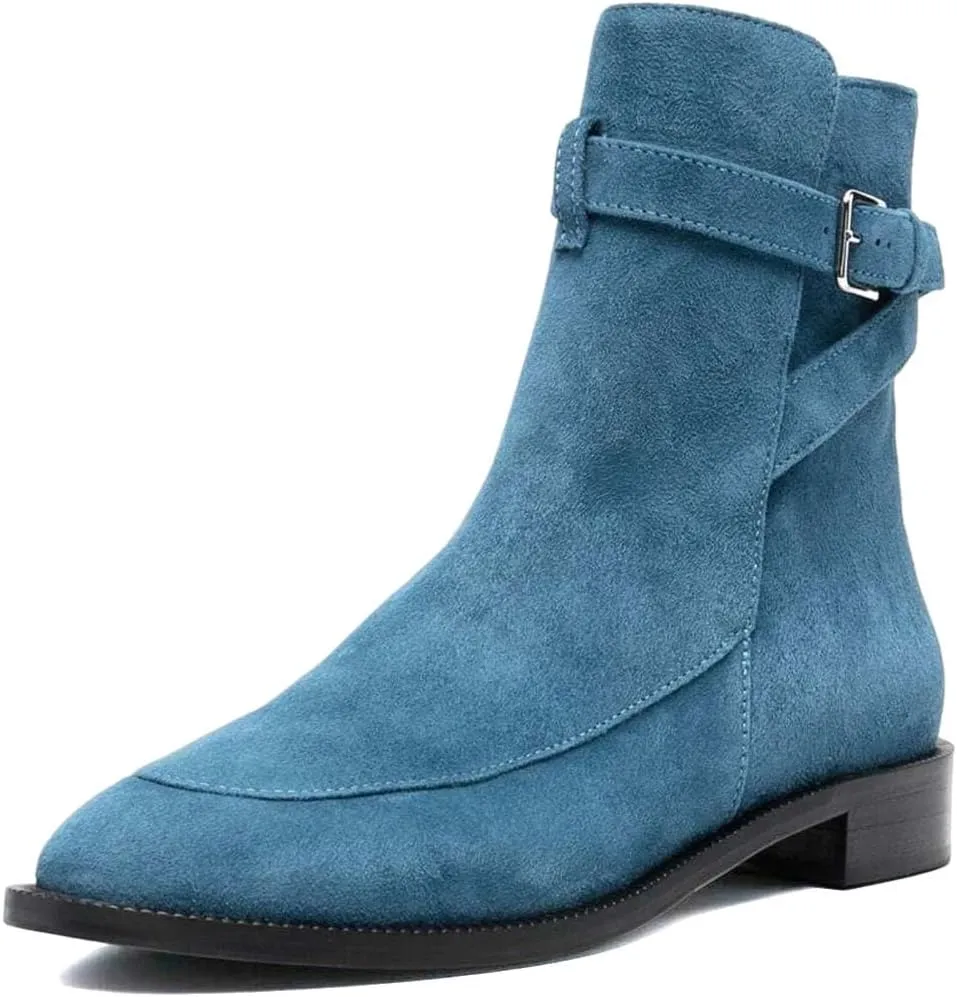 XYD Women Classic Pull On Suede Closed Round Toe Decorative Buckle Ankle Boots Low Heel Flats Winter Short Bootie Comfortable Travel Casual Shoes