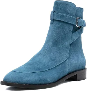 XYD Women Classic Pull On Suede Closed Round Toe Decorative Buckle Ankle Boots Low Heel Flats Winter Short Bootie Comfortable Travel Casual Shoes