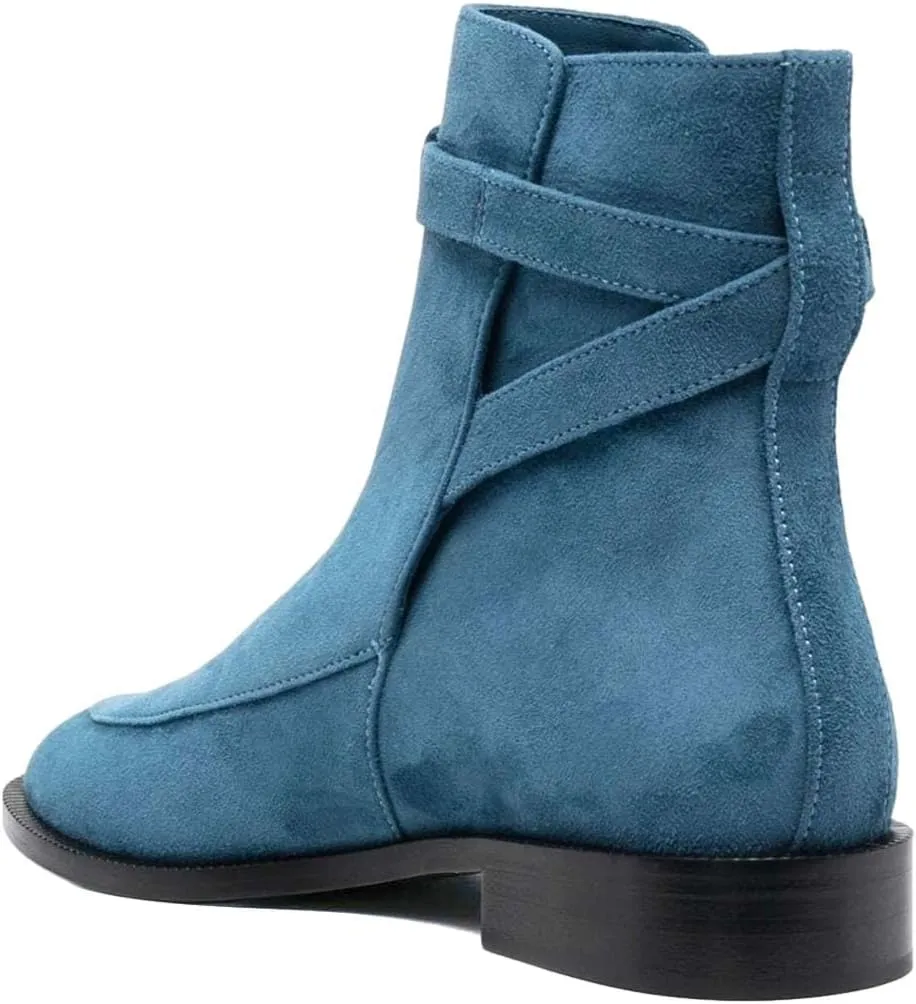 XYD Women Classic Pull On Suede Closed Round Toe Decorative Buckle Ankle Boots Low Heel Flats Winter Short Bootie Comfortable Travel Casual Shoes