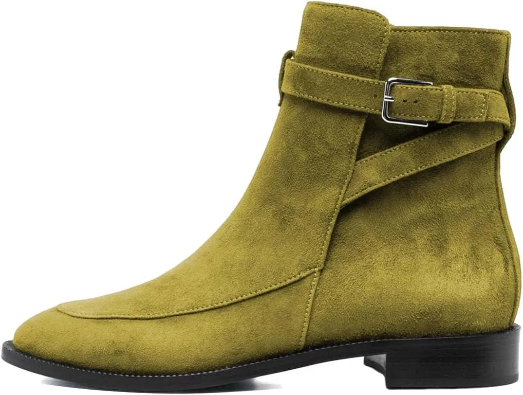 XYD Women Classic Pull On Suede Closed Round Toe Decorative Buckle Ankle Boots Low Heel Flats Winter Short Bootie Comfortable Travel Casual Shoes