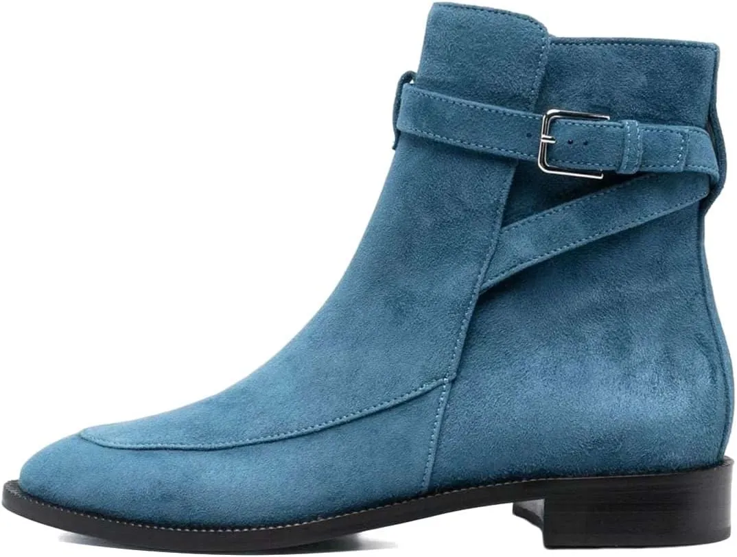 XYD Women Classic Pull On Suede Closed Round Toe Decorative Buckle Ankle Boots Low Heel Flats Winter Short Bootie Comfortable Travel Casual Shoes