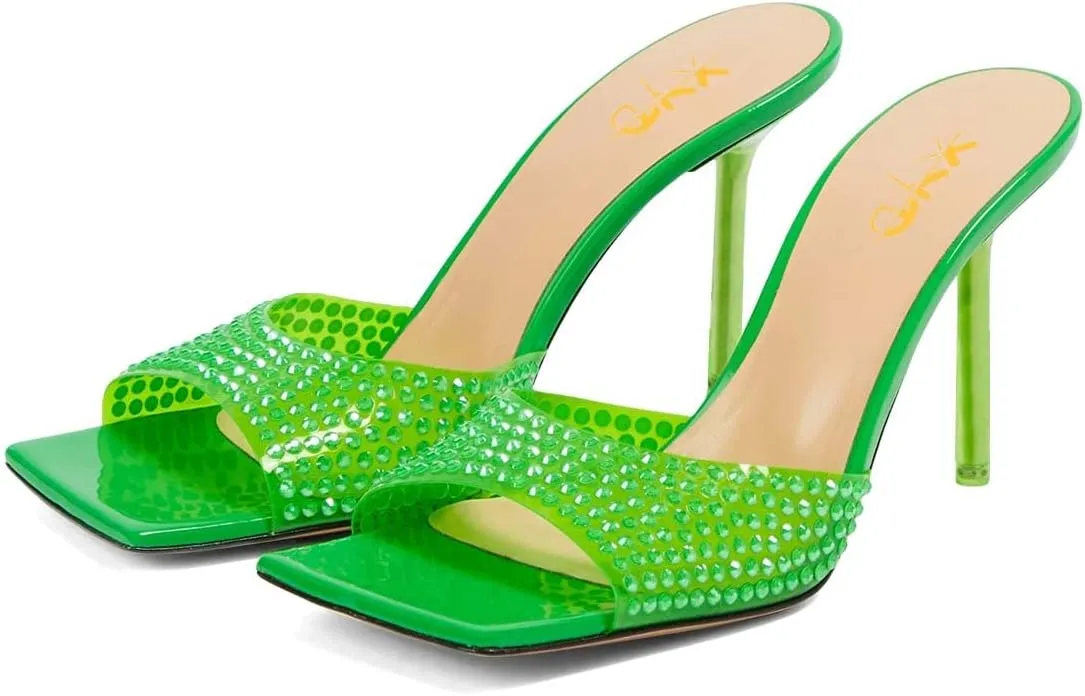XYD Women Open Square Toe Rhinestones Studded Slide Mules High Thin Heel Slip On Slipper Sandals Summer Casual Outdoor Dress Shoes