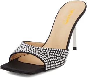 XYD Women Open Square Toe Rhinestones Studded Slide Mules High Thin Heel Slip On Slipper Sandals Summer Casual Outdoor Dress Shoes