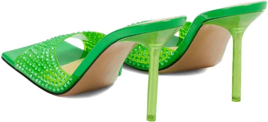 XYD Women Open Square Toe Rhinestones Studded Slide Mules High Thin Heel Slip On Slipper Sandals Summer Casual Outdoor Dress Shoes
