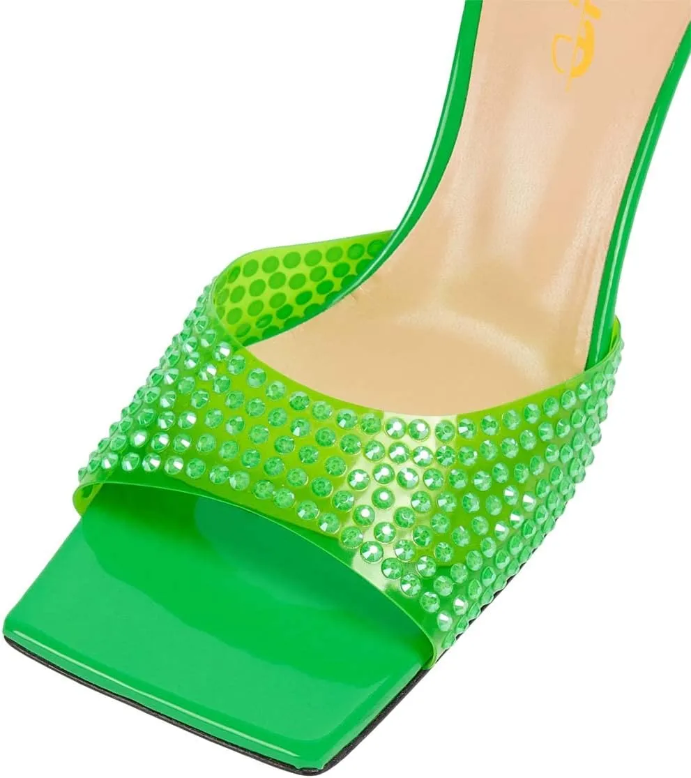 XYD Women Open Square Toe Rhinestones Studded Slide Mules High Thin Heel Slip On Slipper Sandals Summer Casual Outdoor Dress Shoes
