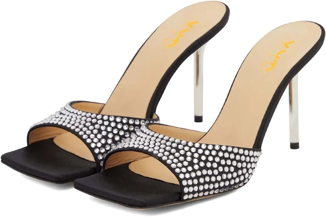 XYD Women Open Square Toe Rhinestones Studded Slide Mules High Thin Heel Slip On Slipper Sandals Summer Casual Outdoor Dress Shoes