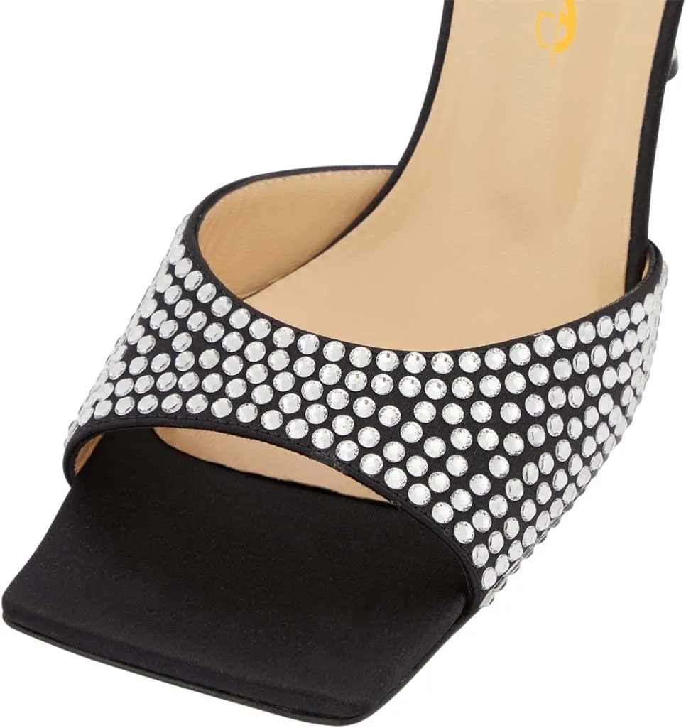 XYD Women Open Square Toe Rhinestones Studded Slide Mules High Thin Heel Slip On Slipper Sandals Summer Casual Outdoor Dress Shoes