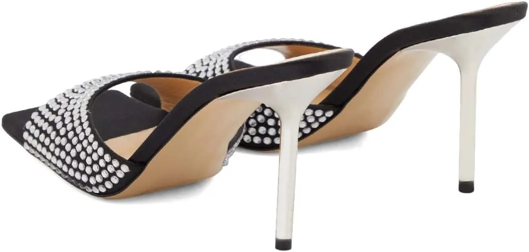 XYD Women Open Square Toe Rhinestones Studded Slide Mules High Thin Heel Slip On Slipper Sandals Summer Casual Outdoor Dress Shoes