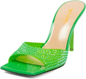XYD Women Open Square Toe Rhinestones Studded Slide Mules High Thin Heel Slip On Slipper Sandals Summer Casual Outdoor Dress Shoes