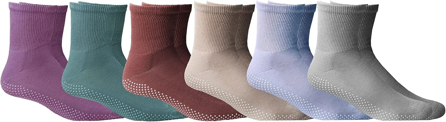 Yacht & Smith 6 Pairs Of Loose Fit Gripper Bottom Diabetic Non-Skid Slipper Black Socks, Grippy Hospital Sock, Wholesale Bulk