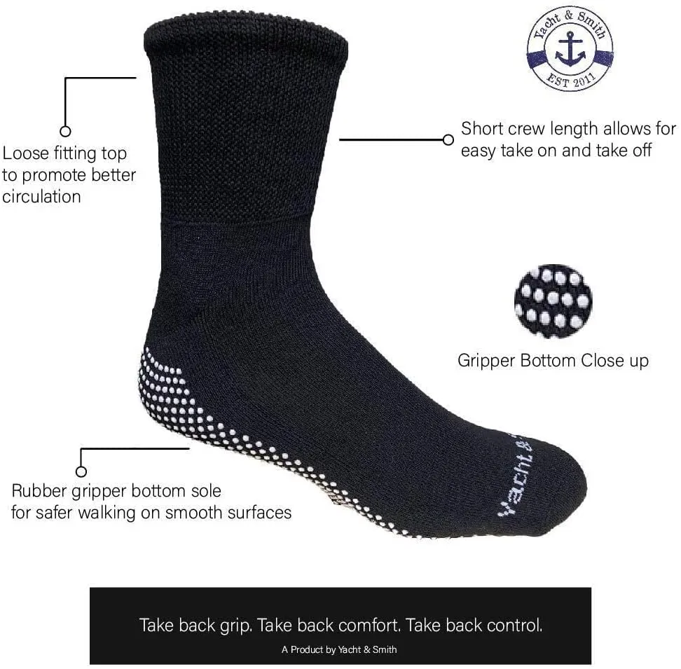 Yacht & Smith 6 Pairs Of Loose Fit Gripper Bottom Diabetic Non-Skid Slipper Black Socks, Grippy Hospital Sock, Wholesale Bulk