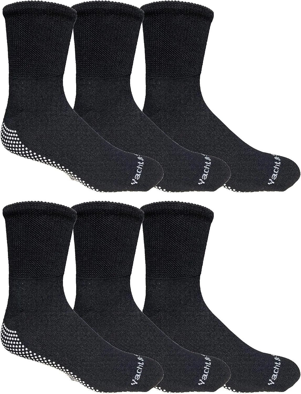 Yacht & Smith 6 Pairs Of Loose Fit Gripper Bottom Diabetic Non-Skid Slipper Black Socks, Grippy Hospital Sock, Wholesale Bulk