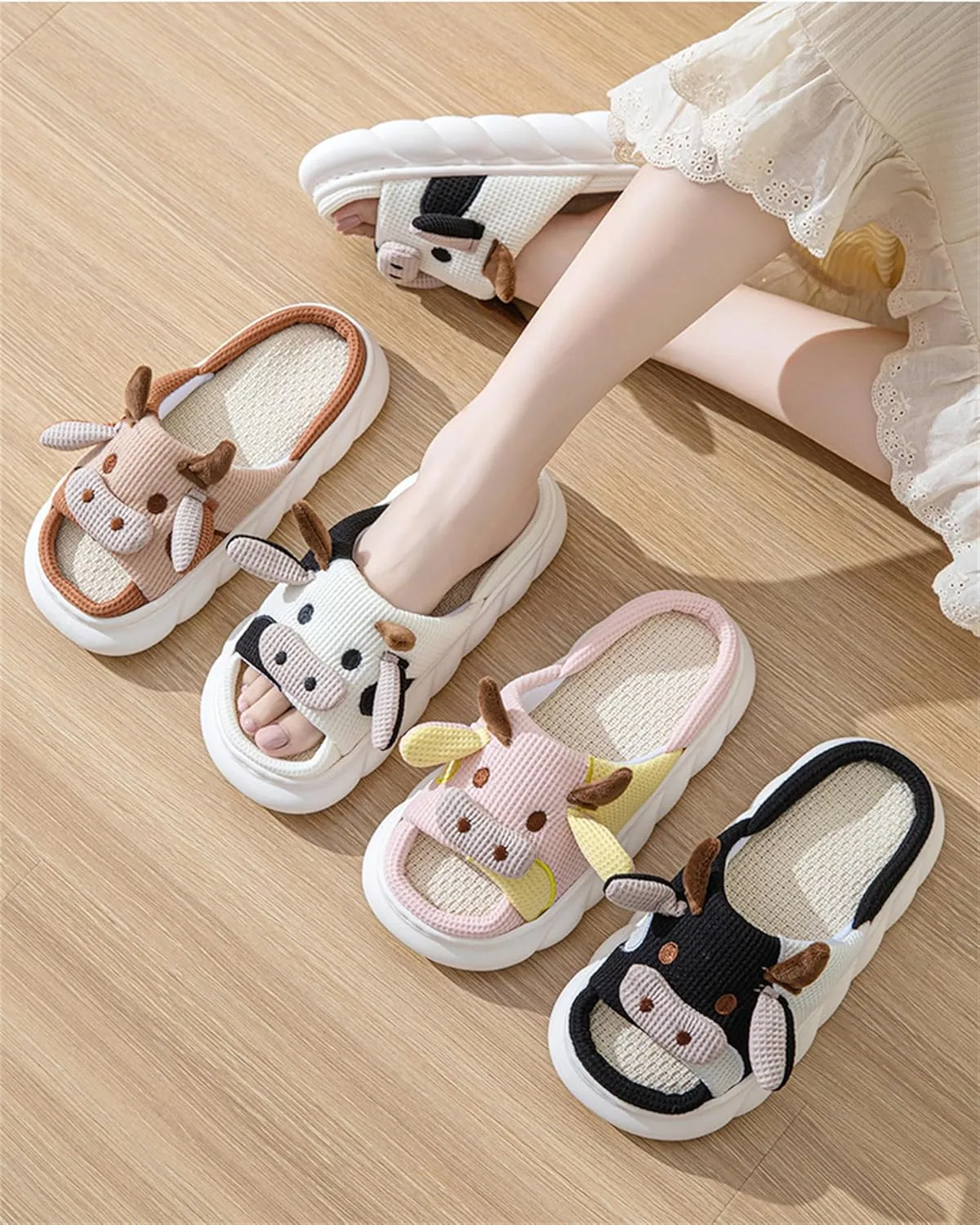 YILANLAN Women slippers Animal slippers Cartoon pig slippers Linen slippers at home Cute and comfortable plush slippers cow shoes