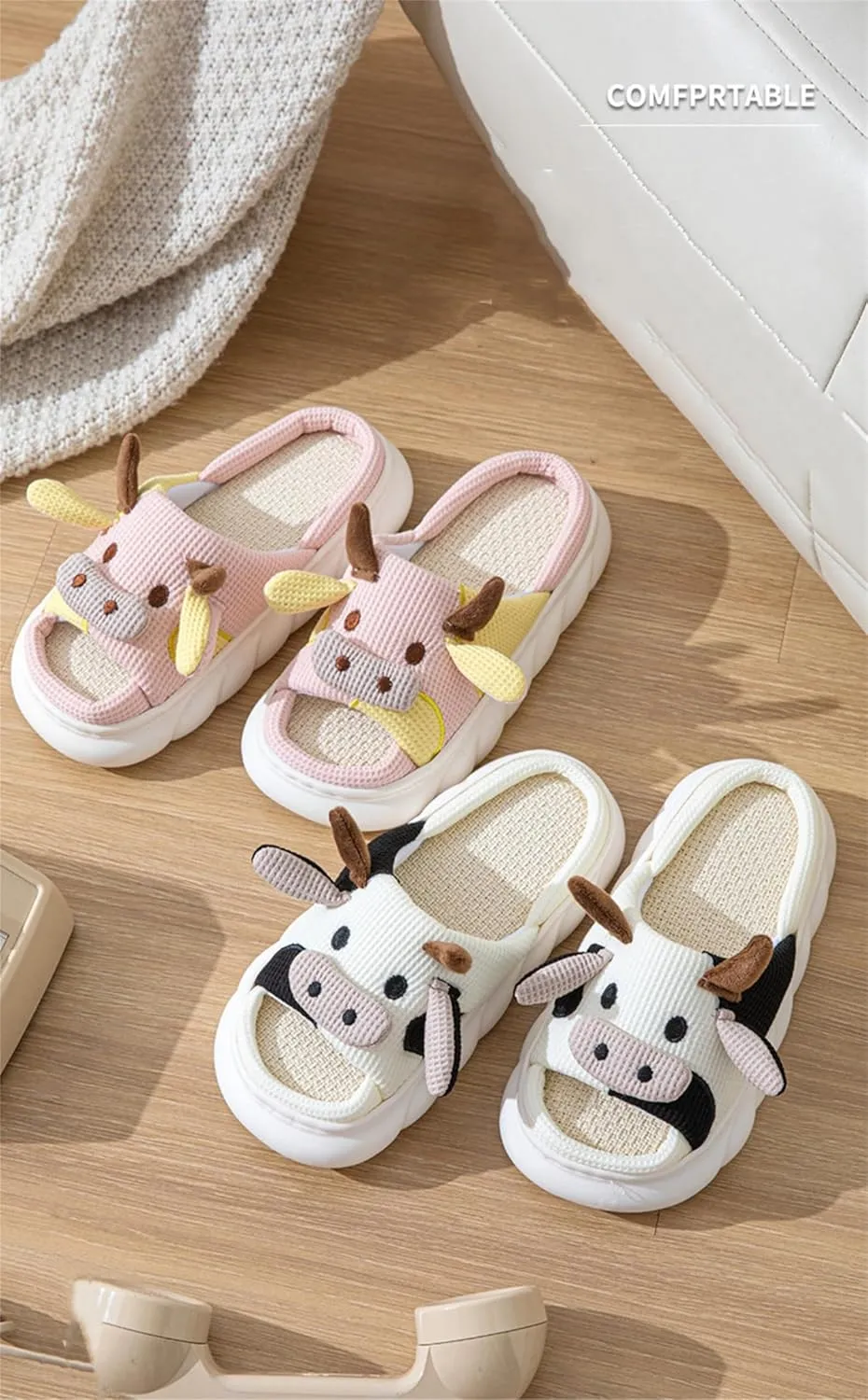 YILANLAN Women slippers Animal slippers Cartoon pig slippers Linen slippers at home Cute and comfortable plush slippers cow shoes