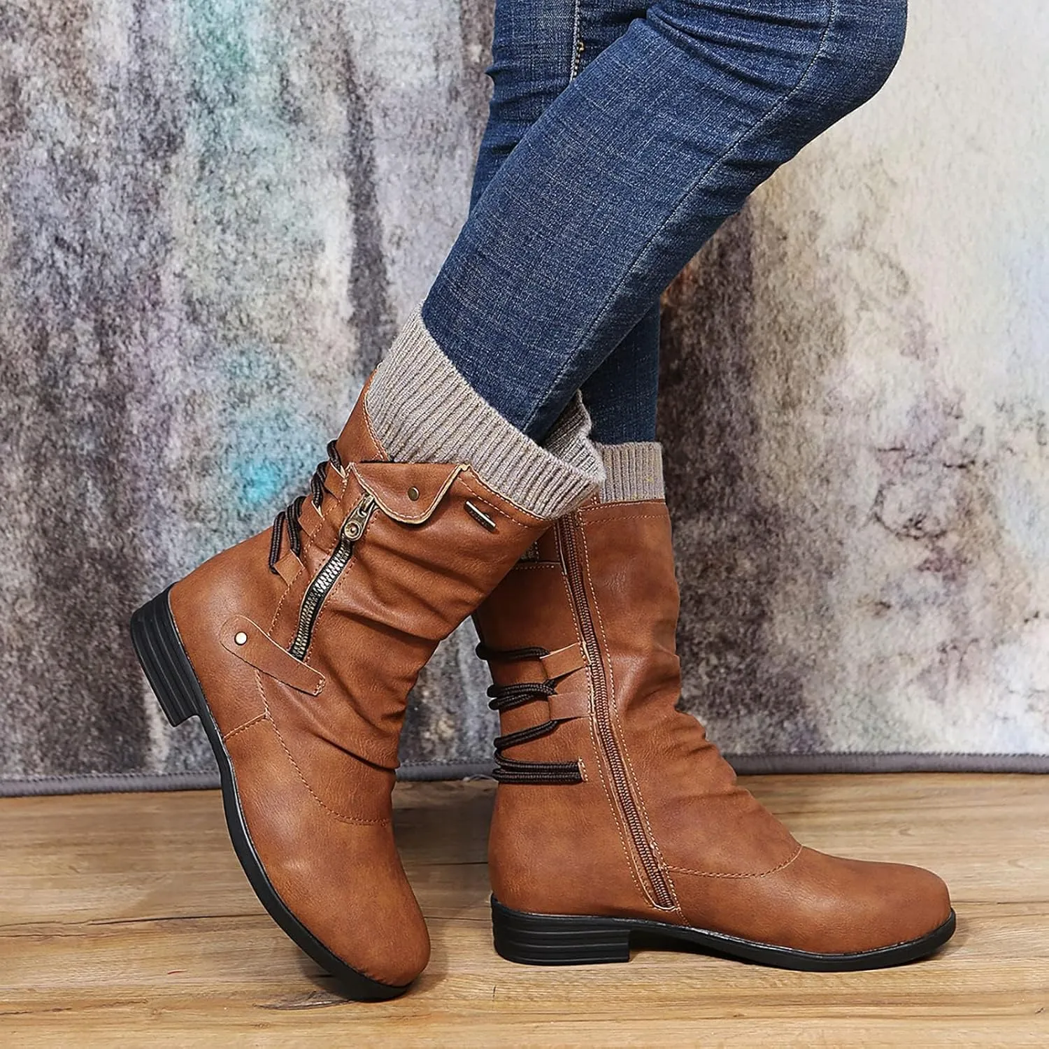ZDLJYL Women's Knee High Comfortable Suede Slouch Flat Boots with Flat Heel and Side Zipper