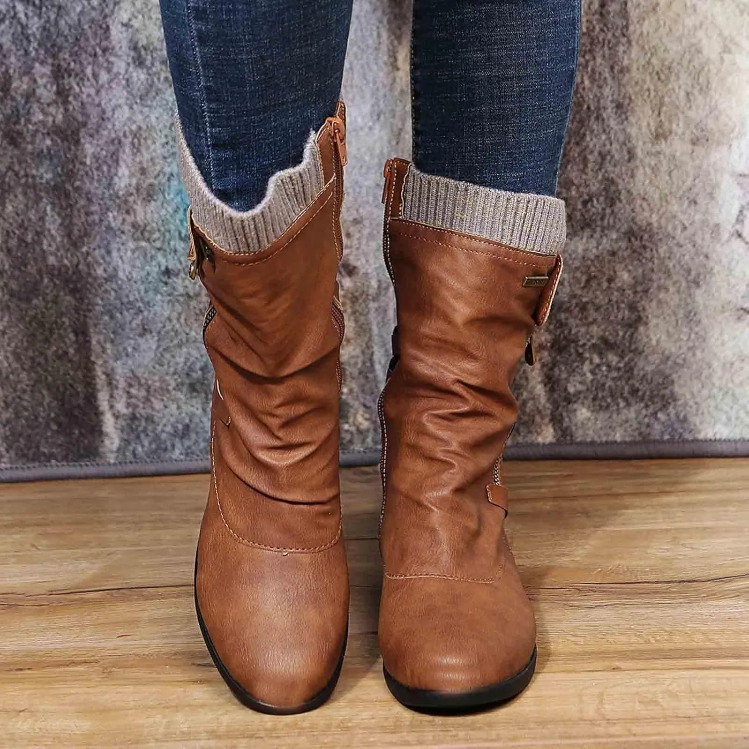 ZDLJYL Women's Knee High Comfortable Suede Slouch Flat Boots with Flat Heel and Side Zipper