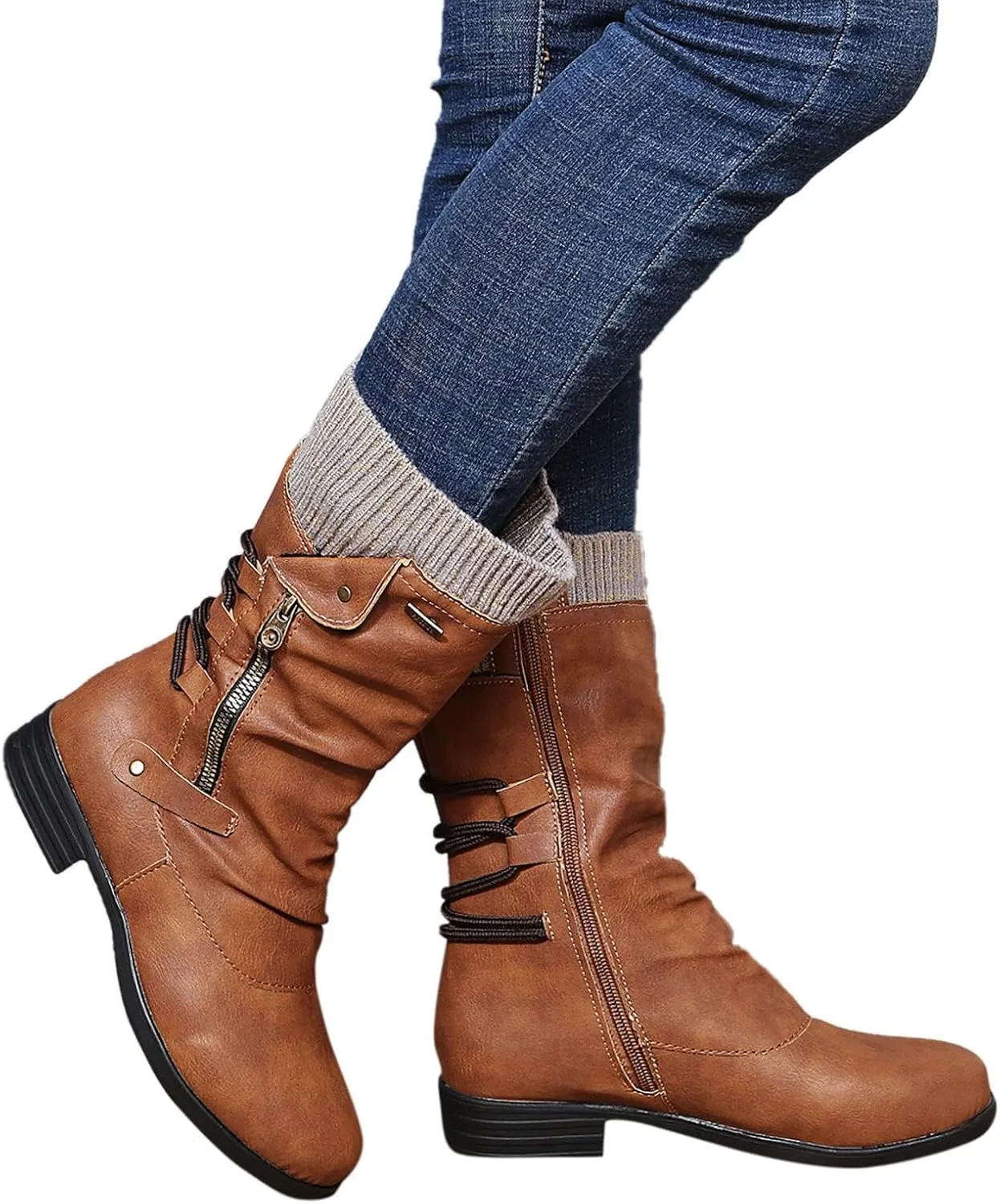 ZDLJYL Women's Knee High Comfortable Suede Slouch Flat Boots with Flat Heel and Side Zipper