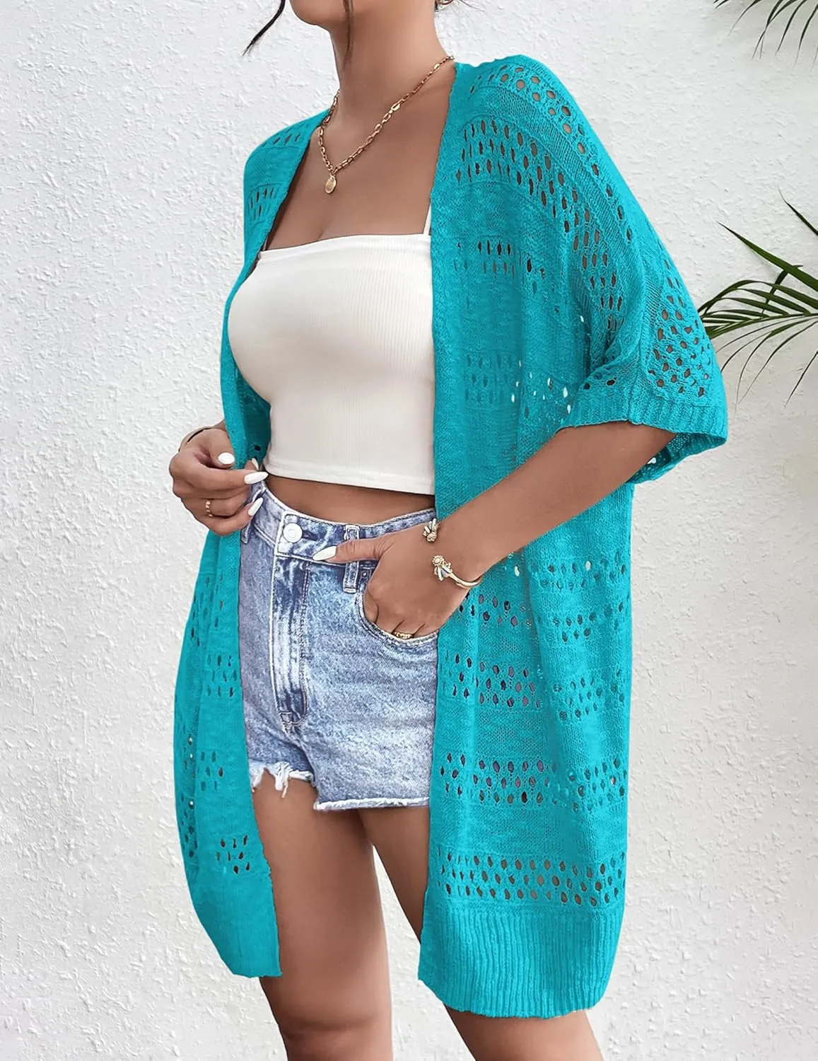 Zeagoo Lightweight Summer Crochet Cardigan for Women Short Sleeve Kimono Boho Oversized Open Front Knitted Cardigan